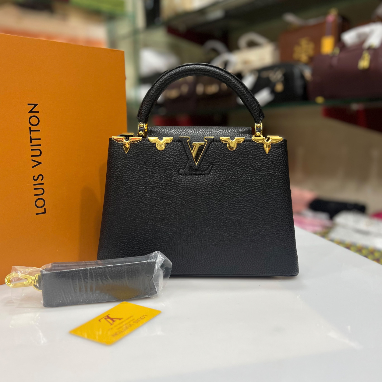 black-top-handle-handbag-gold-tone-details-detachable-strap Black Top Handle Handbag with Gold-Tone Details & Detachable Strap - Image 1