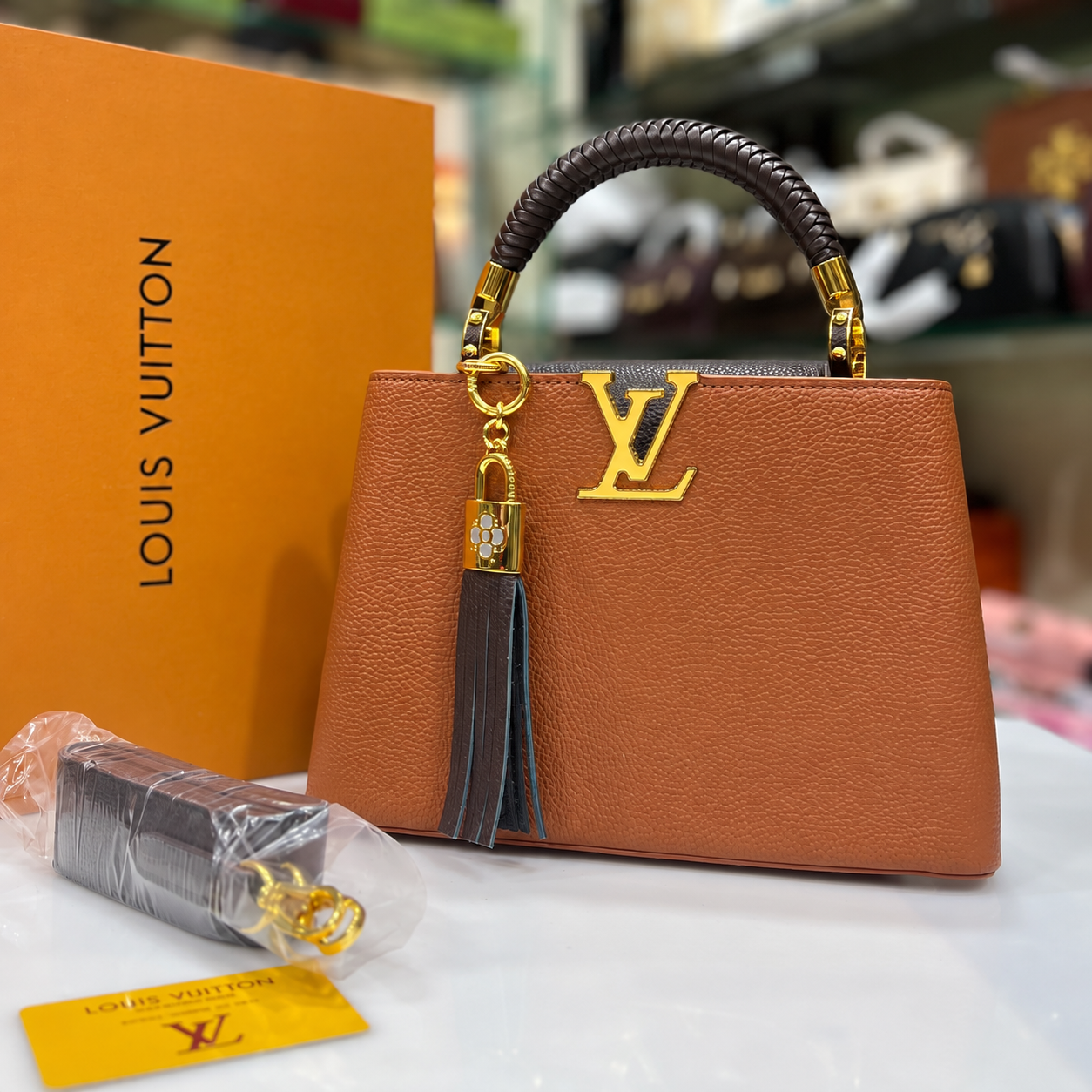 braided-handle-tassel-handbag-tan-dark-brown Braided Handle Tassel Handbag with Detachable Strap - Image 1